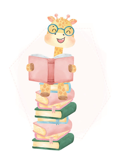 可爱的水彩快乐的书呆子孩子长颈鹿阅读书钉在堆栈上的书，回到学校卡通童年动物野生动物水彩矢量图片下载