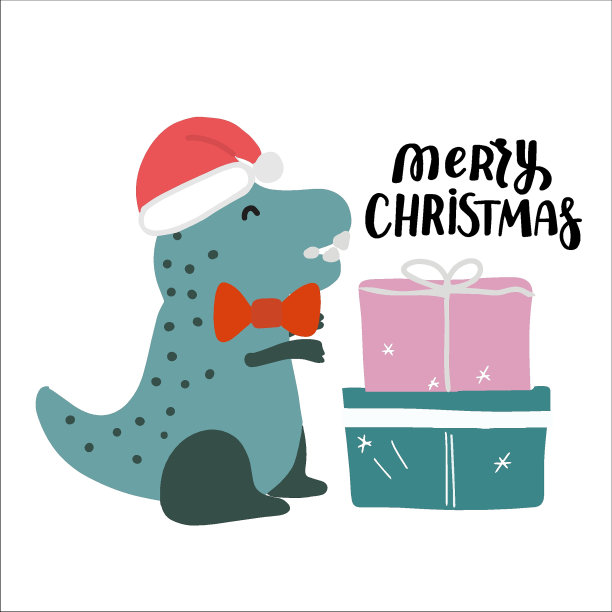 可爱的圣诞节恐龙。霸王龙面对圣诞前夜的礼物。有趣的手绘卡通矢量冬季假期插图。图片下载