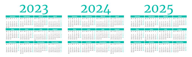 一套蓝绿色和白色的月历模板为2023年，2024年，2025年图片下载