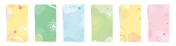 苏美尔销售故事横幅时装模板套装。海滩度假设计的故事和宣传职位。设计波浪图案，贝壳，和抽象形状的粉红色，黄色和绿色的颜色卡。图片下载