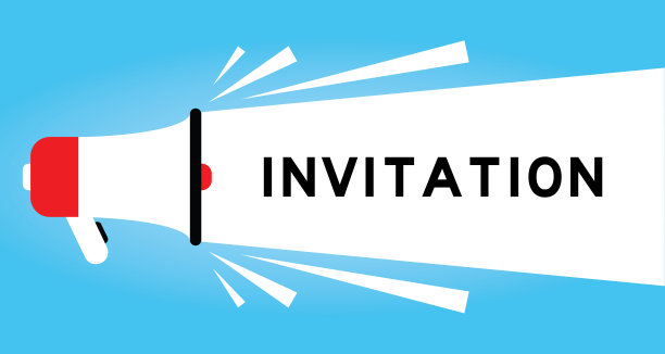 彩色扩音器图标与字邀请在白色横幅上的蓝色背景图片下载