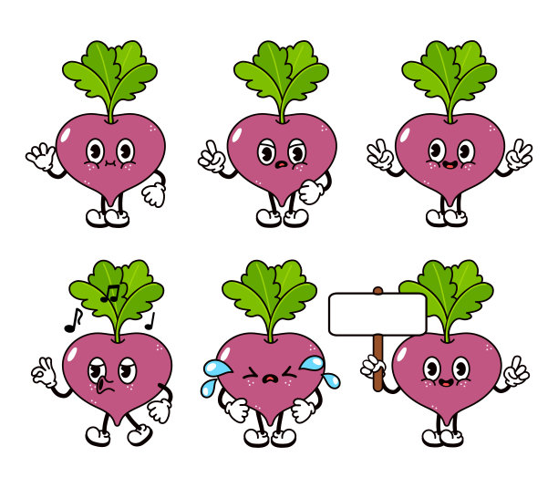 滑稽可爱的萝卜人物设定。矢量手绘涂鸦风格传统的卡通复古，复古的字符插图图标设计。孤立的白色背景。幸福萝卜吉祥物性格图片下载