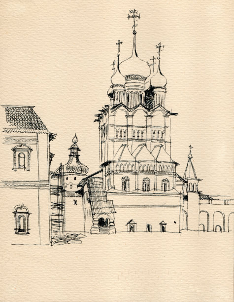古墨水和钢笔手绘景观与建筑整体罗斯托夫克里姆林宫，俄罗斯图片下载