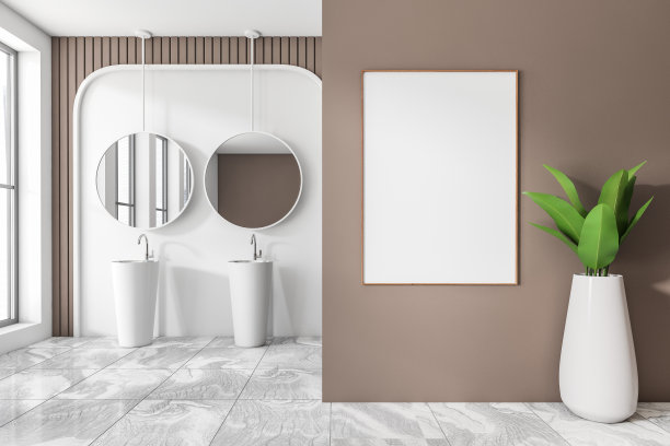 明亮的浴室内部，有双水槽和窗户。模型框架图片下载