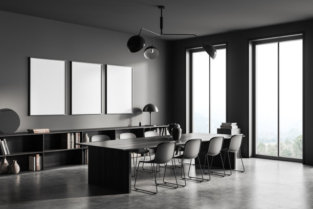 会议室内部有椅子和桌子，全景窗和模型框架图片下载