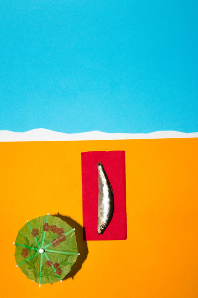 沙滩上的鱼躺在红色的躺椅上，日光浴旁边是雨伞，创意夏日设计图片下载