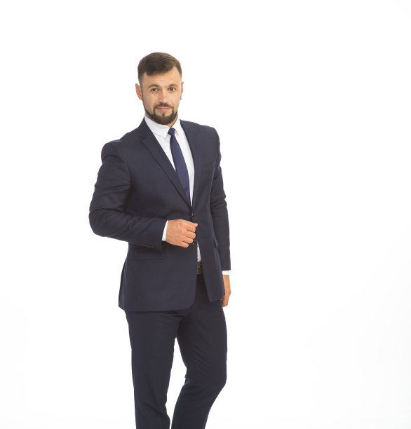 年轻的商人穿着西装，在摄影棚的白色背景上摆出不同的情绪，孤独地成长着图片下载