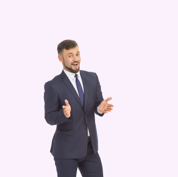 年轻的商人穿着西装，在摄影棚的白色背景上摆出不同的情绪，孤独地成长着图片下载