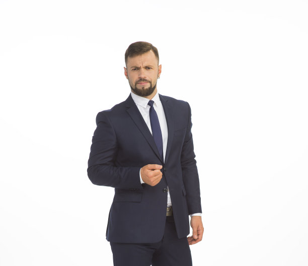 年轻的商人穿着西装，在摄影棚的白色背景上摆出不同的情绪，孤独地成长着图片下载