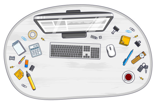 办公桌工作空间俯视图与PC电脑和图片下载