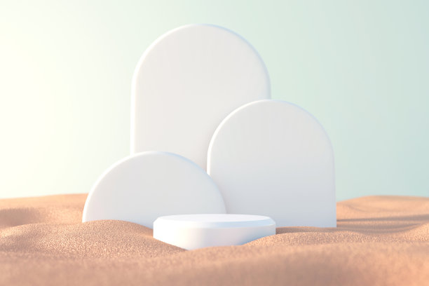 夏季热带背景，沙滩上的白色平台，模拟展览和展示，产品介绍。图片下载