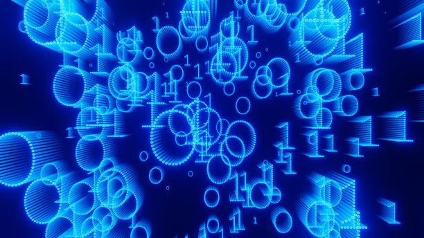 二进制代码在蓝色背景。抽象技术的未来数字背景。3 d演示。图片下载
