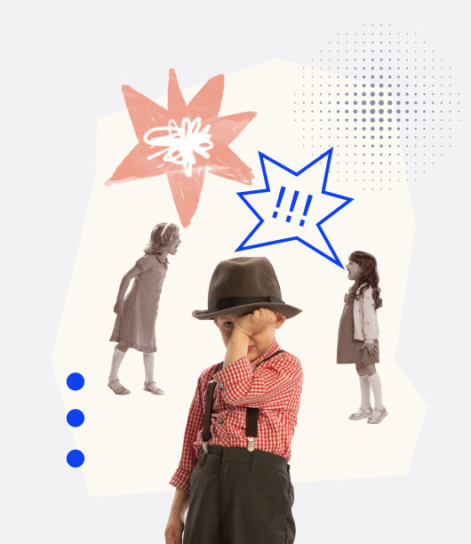 当代艺术拼贴。概念上的形象。两个小女孩，孩子们互相大喊大叫，小男孩在哭图片下载