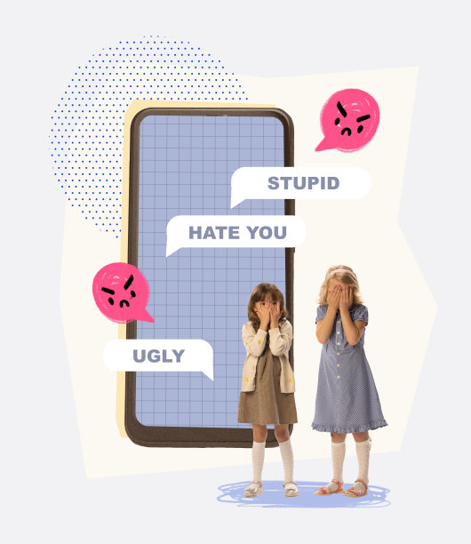 当代艺术拼贴。概念上的形象。两个小女孩，孩子感觉难过，因为网络上的攻击性词语而绝望图片下载