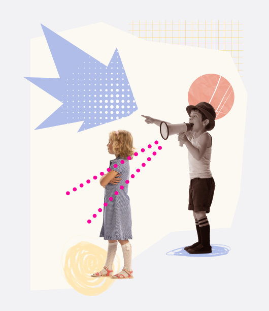 当代艺术拼贴。概念上的形象。小男孩，孩子对着扩音器大喊，用手指着被冒犯的小女孩。图片下载