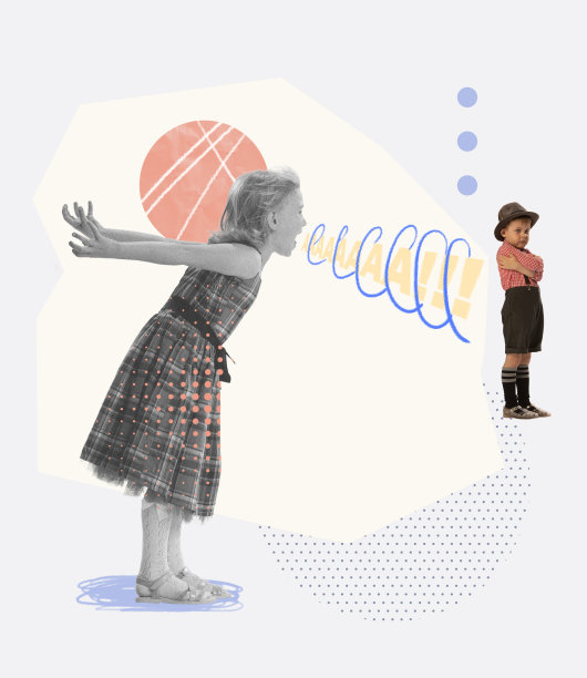 当代艺术拼贴。概念形象的小女孩，孩子对着伤心的男孩大喊大叫。孩子们认为图片下载