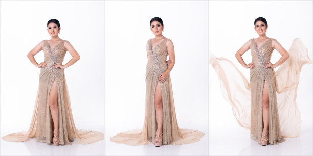 完整长度的年轻亚洲20多岁美丽的女人，看镜头，穿亮片晚礼服高跟鞋图片下载