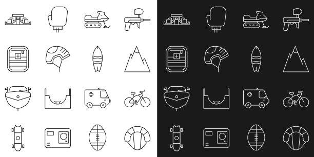 高山雪地摩托，自行车，降落伞，设置线图片下载