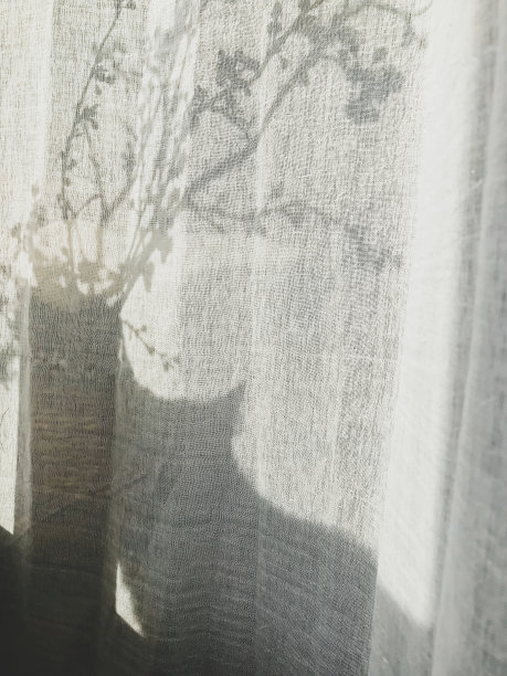 在阳光明媚的亚麻窗帘上，好奇的猫和盛开的樱桃枝的影子。家居装饰和春季细节。垂直的手机照片图片下载