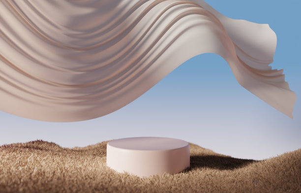 3D展示平台背景。天然米色干草和太阳阴影。自然最小的基座和窗帘上的风。美容、化妆品产品介绍。夏季景观横幅模板3d渲染图片下载