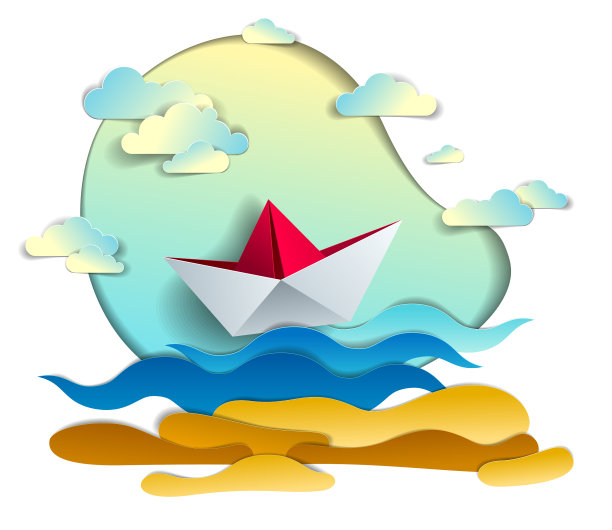 折纸船玩具在海浪中游泳图片下载