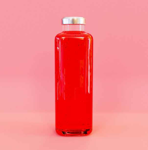 新鲜草莓汁玻璃瓶与粉红色背景3D插图。图片下载