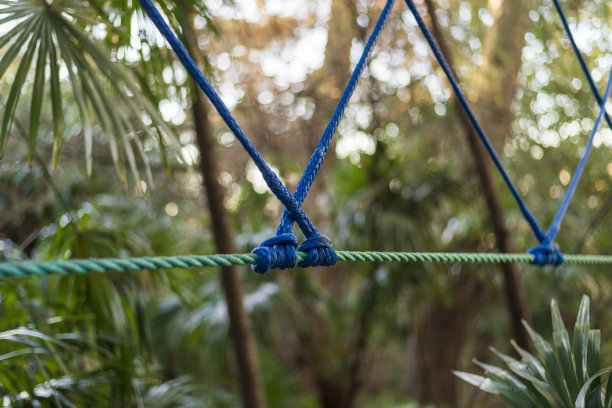 绳子游乐园。在丛林中架空绳索的绳结图片下载