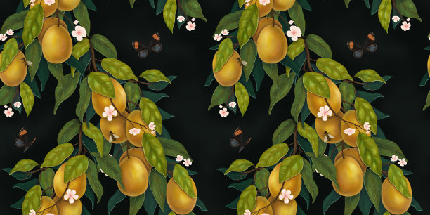 与桃花枝、蝴蝶、蜜蜂无缝图案。图片下载