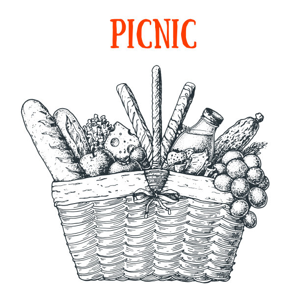 野餐篮子草图。手绘矢量插图。夏季在户外食品。野餐篮子里有面包，葡萄，苹果，奶酪，西红柿，意大利腊肠。食物和饮料插图。图片下载