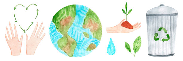 地球日水彩套装。回收利用，关爱自然。孤立在白色背景。图片下载
