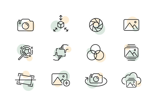 拍照设置图标。相机，立方体，箭头，3d，观看角度，快门，照片，框架，配色方案，360，云存储。爱好的概念。矢量线图标的业务和广告图片下载