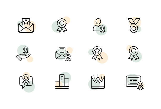奖励设置图标。信封，信件，星星，证书，人，员工，获胜者，手，目标，成就，第一名。经营理念。矢量线图标的业务和广告图片下载