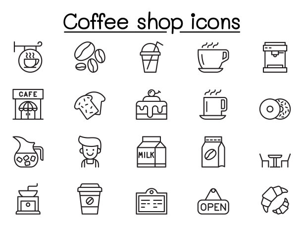 咖啡店图标设置在细线风格图片下载