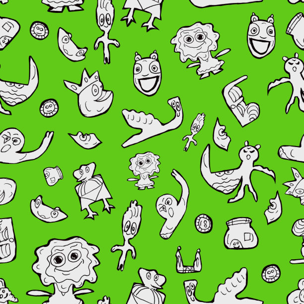 有趣的涂鸦图案在绿色背景为您无缝设计图片下载