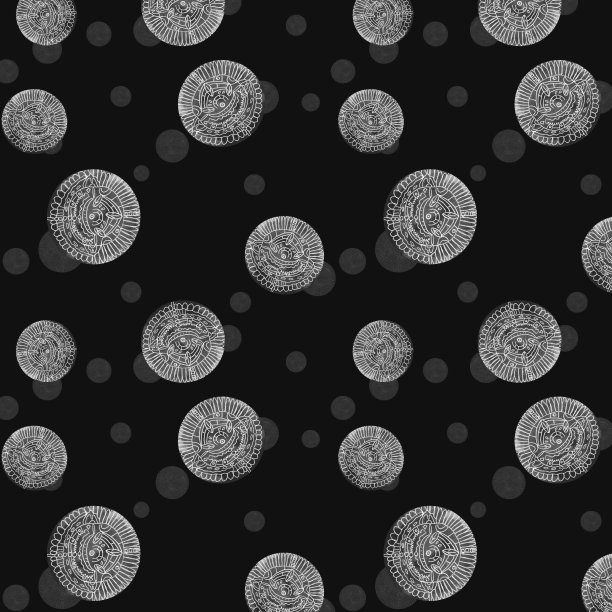 水彩图案黑白圆几何在黑暗的背景为您的设计无缝衔接，插图手绘图片下载