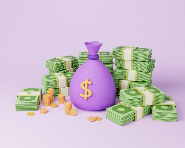 3 d钱的概念。钱袋，硬币，一叠一捆的钱图片下载