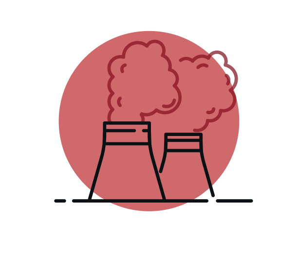 有烟囱和烟雾的工厂建筑，标志。平面向量插图。孤立在白色的。图片下载