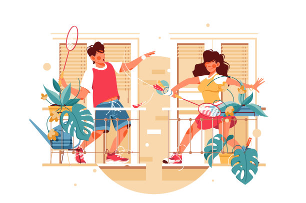 女孩和男孩在阳台上打羽毛球图片下载