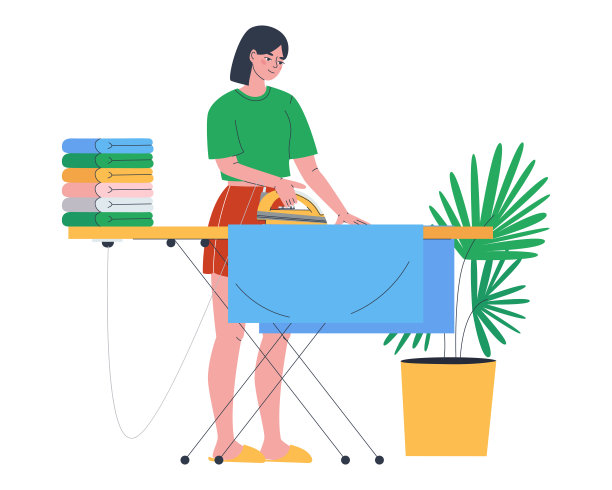 这女孩在家用熨衣板烫亚麻布。房屋清洁服务。平面向量插图。图片下载