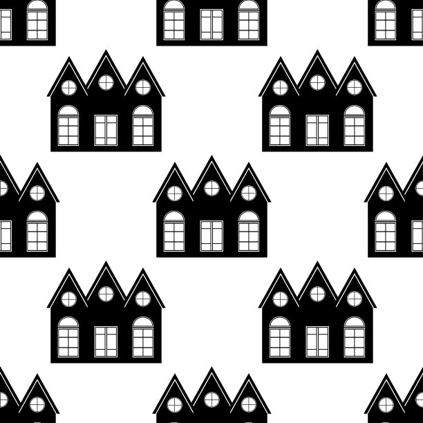 无缝图案与房子。黑色图标房子在白色背景。房子的模式。平面设计的剪影建筑。设计网站，印刷面料，墙纸，包装纸。矢量图图片下载