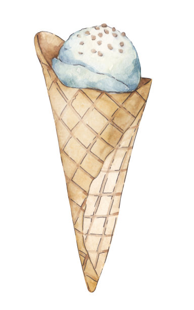 白色背景下华夫筒里的奶油水彩冰淇淋。手绘插图。图片下载