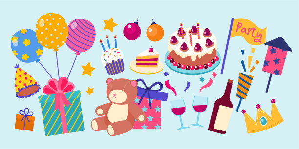 一套生日派对设计元素。卡通矢量插图在平面风格图片下载