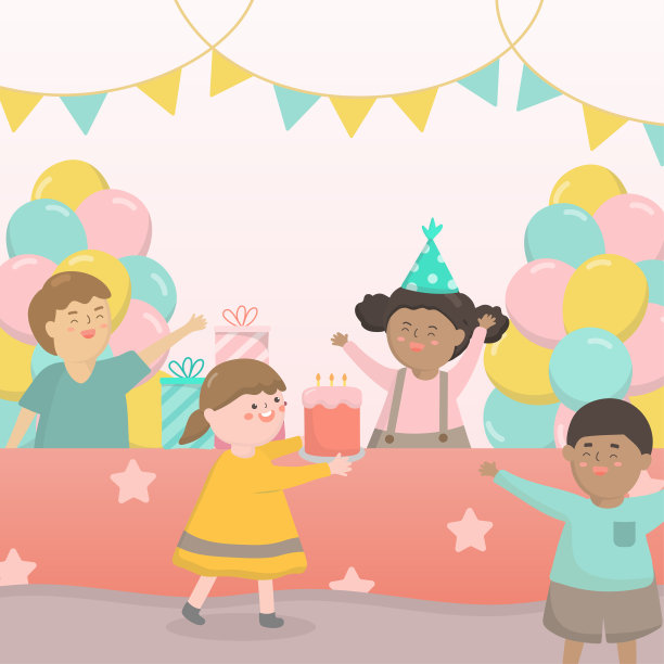 孩子在生日聚会上。孩子和父母庆祝。孩子戴着帽子，一起跳舞，一起笑。图片下载