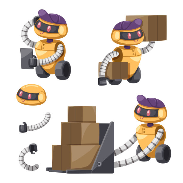 一套工业用的人形机器人卡通风格的未来机器。图片下载