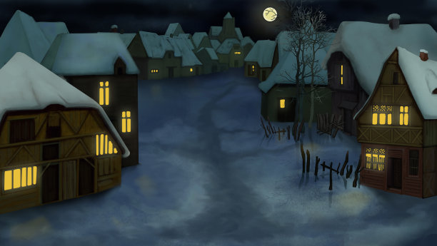 村庄的冬夜插图图片下载