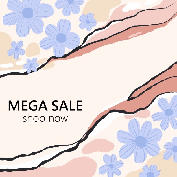 大型横幅出售。广场春夏海报。蓝色花朵在米色背景，折扣卡，自然抽象促销营销社交媒体帖子模板向量最小的设计图片下载