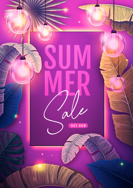 夏季大减价海报，热带树叶和串串灯。夏季热带树叶背景。矢量图图片下载