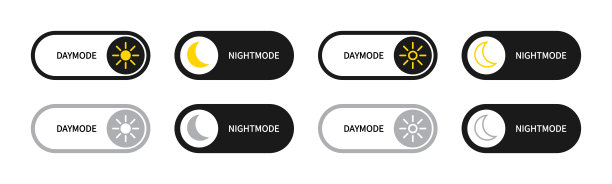 夜间模式和白天模式按钮。手机、app、ui的明暗开关。切换黑色和浅色主题。纽扣上有太阳和月亮。滑块的接口。向量图片下载