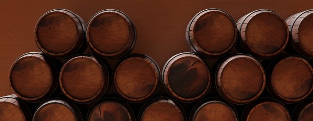 橡木木桶的背景，葡萄酒啤酒桶堆放在一个黑暗的地窖里。三维渲染图片下载