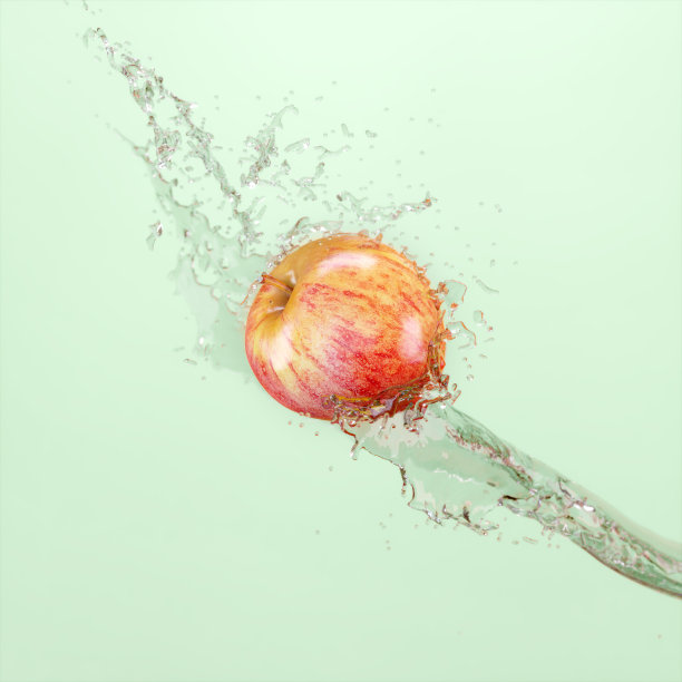 一个成熟发亮的苹果在浅绿色的背景下飞溅的水花中飞翔。广告海报。三维渲染图片下载